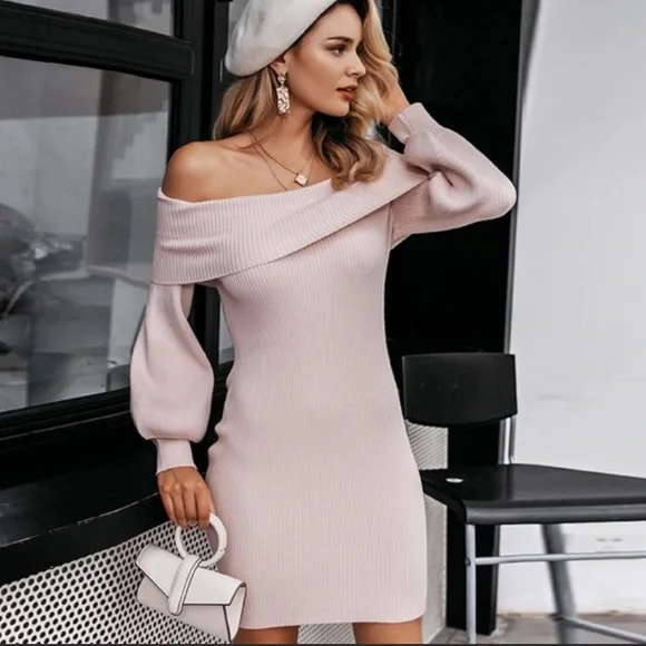 Off Shoulder Pink Dress Sweater Knitted Mini Dress. NEW NWT - Picture 4 of 5